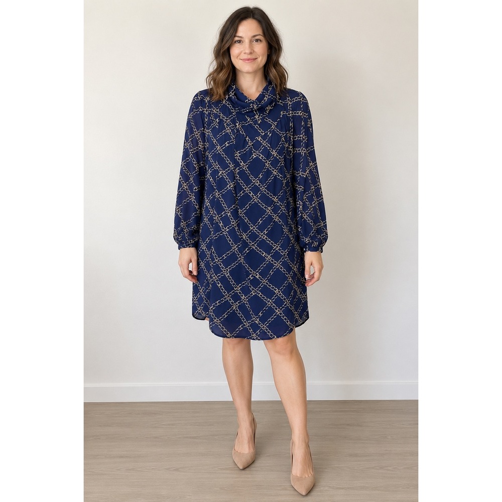 Vince Camuto Navy Blue Chain Link Print Cowl Neck Shift Dress Long Sleeve M